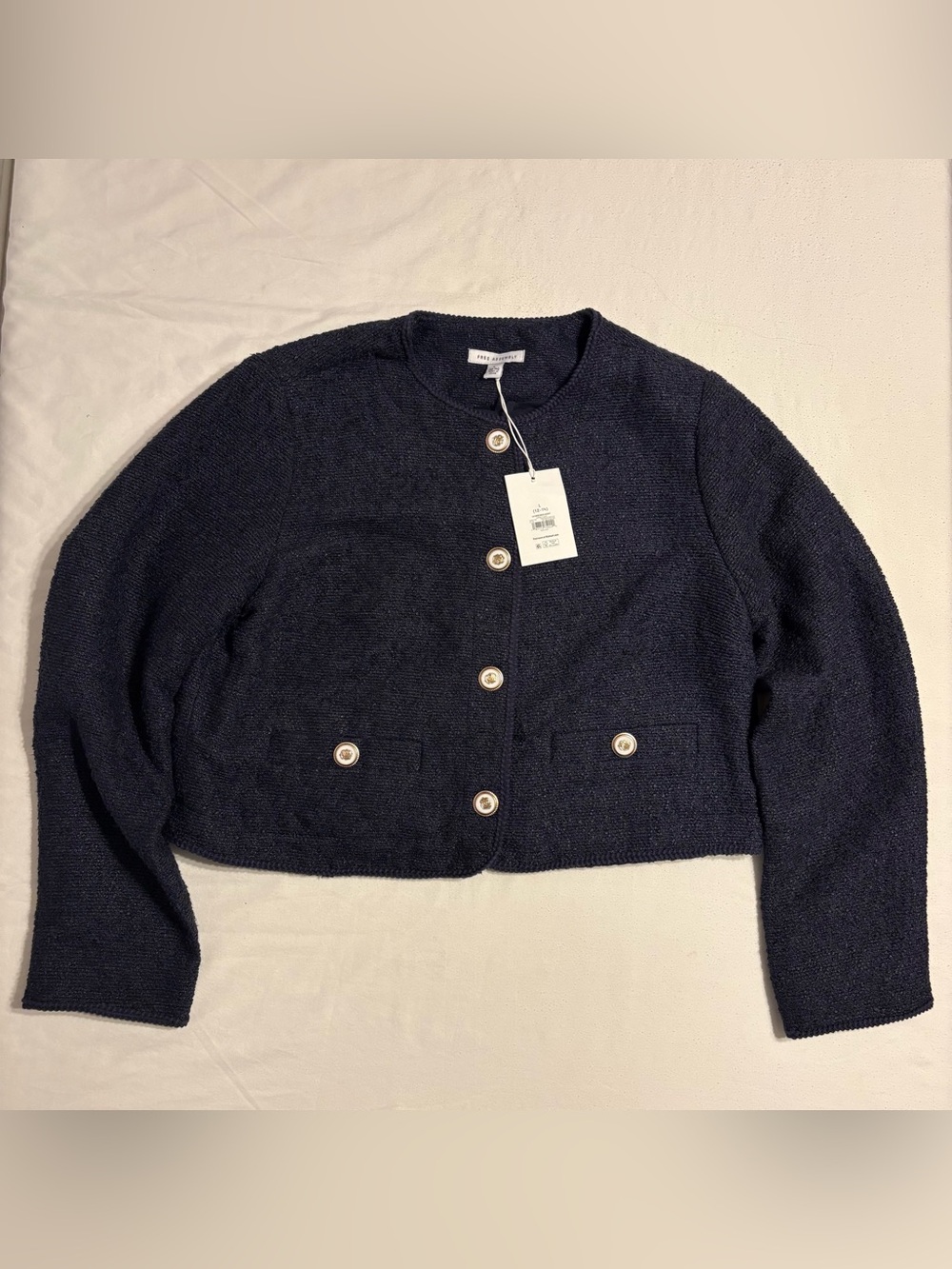 Free Assembly Women’s Collarless Nubby Jacket-Navy Blue with Gold Button Details